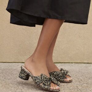 Loeffler Randall Emilia Pleated Bow Sandals Black Gold Lamé Mid Heel Size 9 New